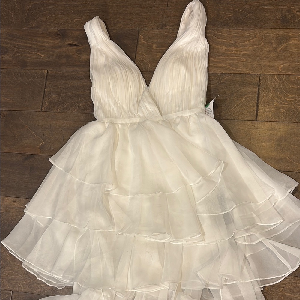 Mac Duggal White Ruffled high front, low back Wedding Dress